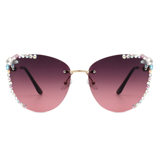 HW2027 - Women Rimless Tinted Chic Rhinestone Fashion Cat Eye Sunglasses