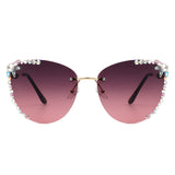 HW2027 - Women Rimless Tinted Chic Rhinestone Fashion Cat Eye Sunglasses