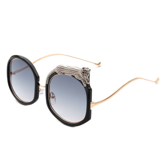 J3010 - Oversize Geometric Irregular Round Fashion Sunglasses w/ Leopard Design