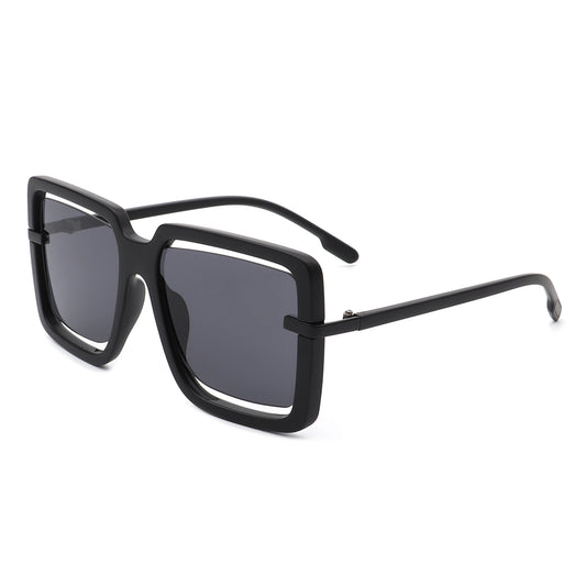 HS2041 - Oversize Retro Square Large Cut-Out Flat Top Fashion Sunglasses