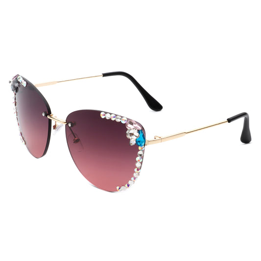 HW2027 - Women Rimless Tinted Chic Rhinestone Fashion Cat Eye Sunglasses