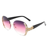 HW2022 - Women Oval Rimless Rhinestone Design Round Oversize Sunglasses