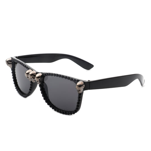 HS1171 - Classic Horn Rim Rhinestone Gothic Skull Square Wholesale Sunglasses