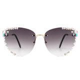 HW2027 - Women Rimless Tinted Chic Rhinestone Fashion Cat Eye Sunglasses