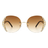 HW2022 - Women Oval Rimless Rhinestone Design Round Oversize Sunglasses