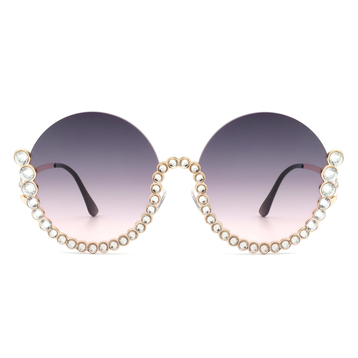 HJ3015 - Women Circle Half Frame Oversize Rhinestone Fashion Round Sunglasses