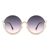 HJ3015 - Women Circle Half Frame Oversize Rhinestone Fashion Round Sunglasses