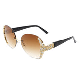 HW2022 - Women Oval Rimless Rhinestone Design Round Oversize Sunglasses