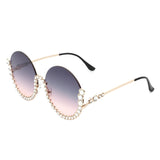 HJ3015 - Women Circle Half Frame Oversize Rhinestone Fashion Round Sunglasses