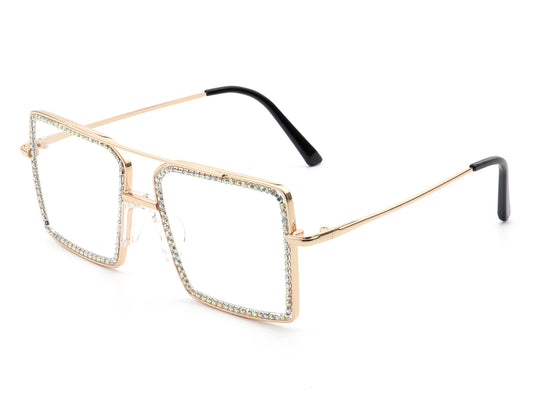 HBJ2008 - Square Oversize Anti Blue Light Rhinestone Fashion Glasses