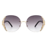 HW2022 - Women Oval Rimless Rhinestone Design Round Oversize Sunglasses