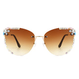 HW2027 - Women Rimless Tinted Chic Rhinestone Fashion Cat Eye Sunglasses