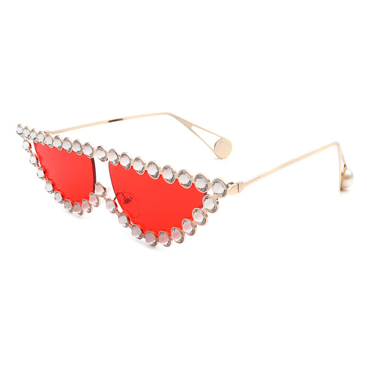 HJ3010 - Women Retro Rhinestone Round Diamond Cat Eye Fashion Sunglasses