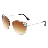 HW2027 - Women Rimless Tinted Chic Rhinestone Fashion Cat Eye Sunglasses