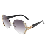 HW2022 - Women Oval Rimless Rhinestone Design Round Oversize Sunglasses