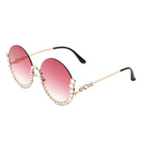 HJ3015 - Women Circle Half Frame Oversize Rhinestone Fashion Round Sunglasses