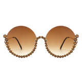 HJ3015 - Women Circle Half Frame Oversize Rhinestone Fashion Round Sunglasses