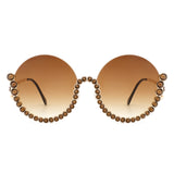 HJ3015 - Women Circle Half Frame Oversize Rhinestone Fashion Round Sunglasses