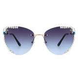 HW2027 - Women Rimless Tinted Chic Rhinestone Fashion Cat Eye Sunglasses