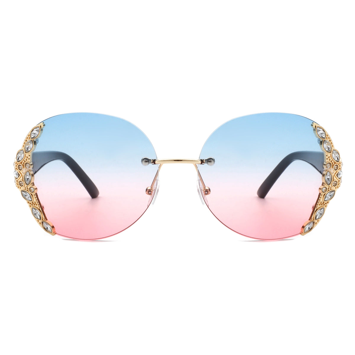 HW2022 - Women Oval Rimless Rhinestone Design Round Oversize Sunglasses