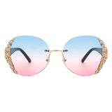 HW2022 - Women Oval Rimless Rhinestone Design Round Oversize Sunglasses