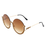 HJ3015 - Women Circle Half Frame Oversize Rhinestone Fashion Round Sunglasses