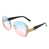 HW2022 - Women Oval Rimless Rhinestone Design Round Oversize Sunglasses