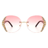 HW2022 - Women Oval Rimless Rhinestone Design Round Oversize Sunglasses