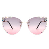 HW2027 - Women Rimless Tinted Chic Rhinestone Fashion Cat Eye Sunglasses