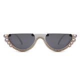 HW2006 - Half Frame Retro Round Cat Eye Rhinestone Fashion Sunglasses