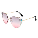 HW2027 - Women Rimless Tinted Chic Rhinestone Fashion Cat Eye Sunglasses