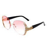 HW2022 - Women Oval Rimless Rhinestone Design Round Oversize Sunglasses