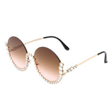 HJ3015 - Women Circle Half Frame Oversize Rhinestone Fashion Round Sunglasses