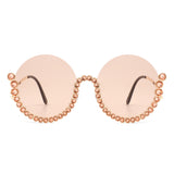 HJ3015 - Women Circle Half Frame Oversize Rhinestone Fashion Round Sunglasses