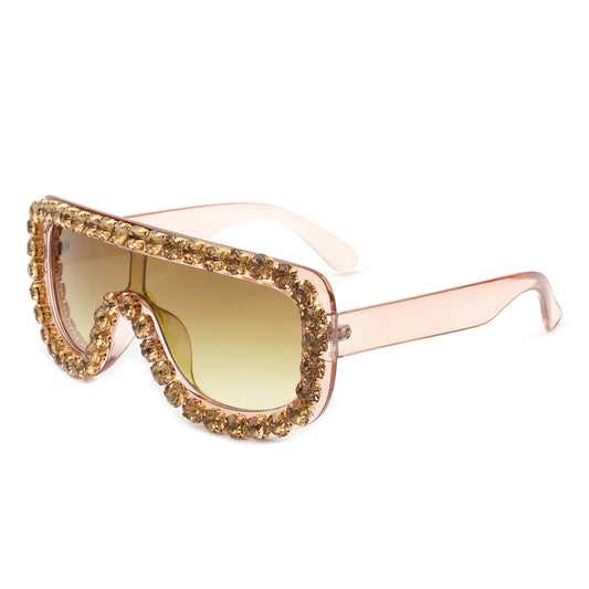 HS2042 - Women Oversize Rhinestone Diamonds Aviator Fashion Sunglasses