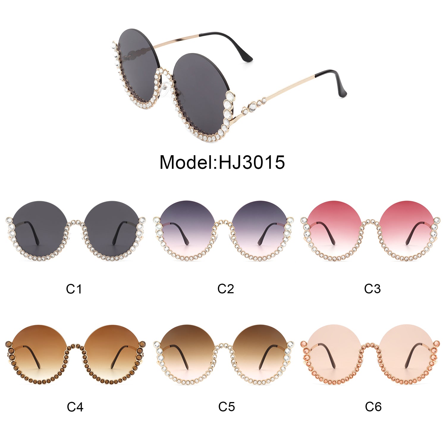 HJ3015 - Women Circle Half Frame Oversize Rhinestone Fashion Round Sun -  Iris Fashion