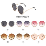 HJ3015 - Women Circle Half Frame Oversize Rhinestone Fashion Round Sunglasses