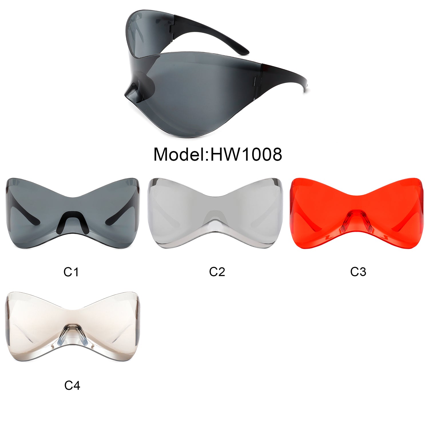 HW1008 - Futuristic Oversized Rimless Shield Wraparound Fashion Sunglasses