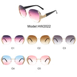 HW2022 - Women Oval Rimless Rhinestone Design Round Oversize Sunglasses