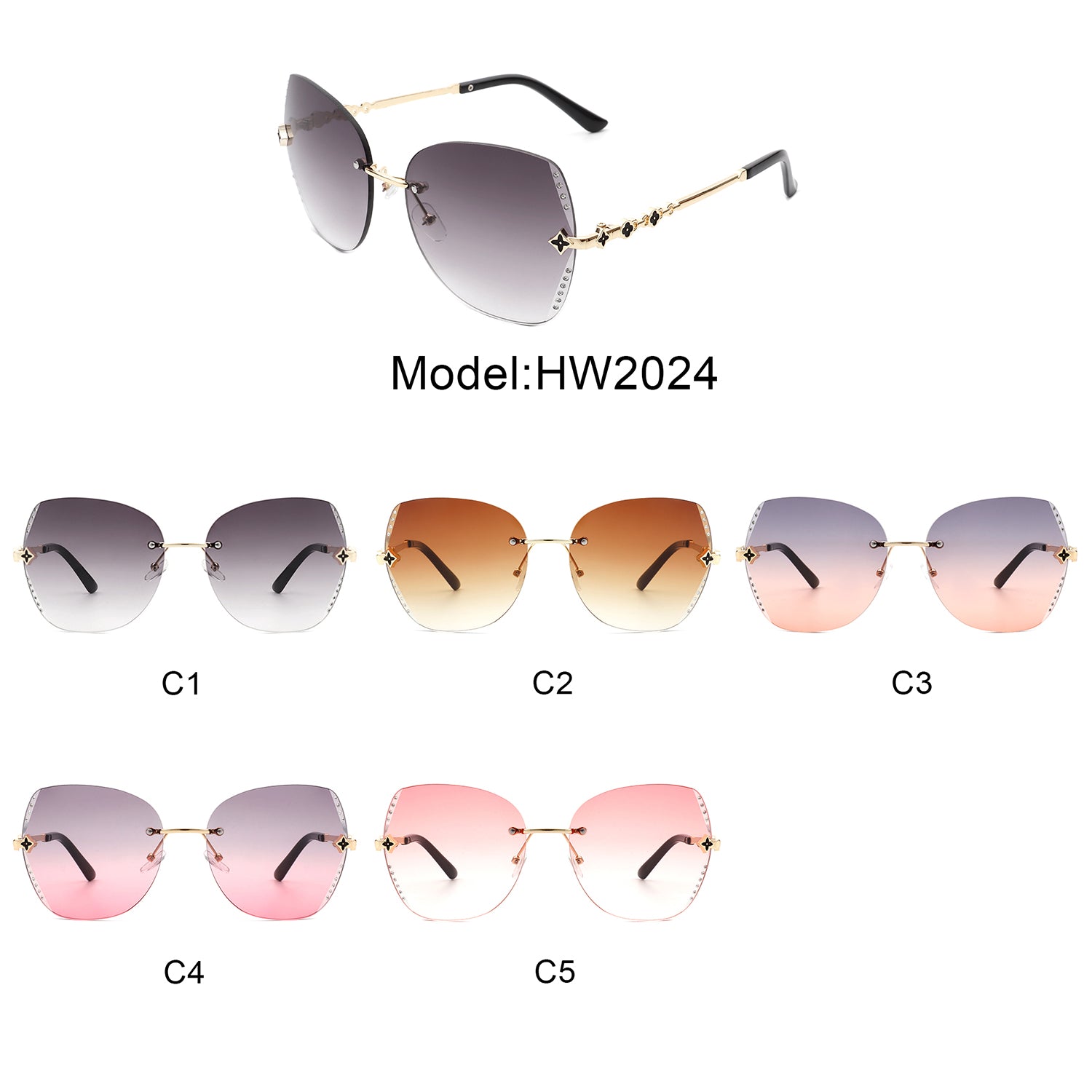 HW2024 - Oversize Rimless Butterfly Shape Tinted Rhinestone Fashion Sunglasses