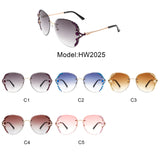 HW2025 - Women Fashion Oversize Rimless Round Rhinestone Design Sunglasses