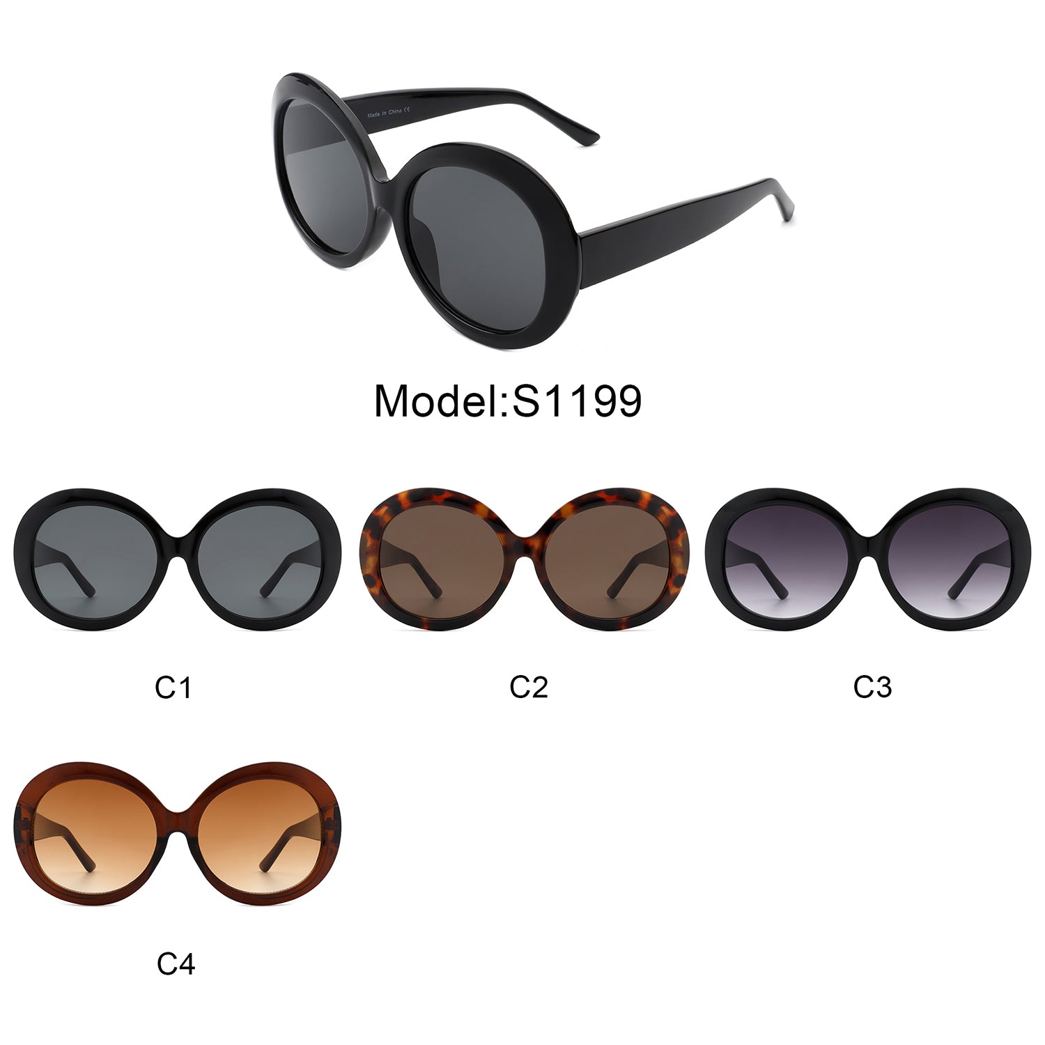 S1199 - Women Oversize Retro Circle Large Fashion Round Sunglasses