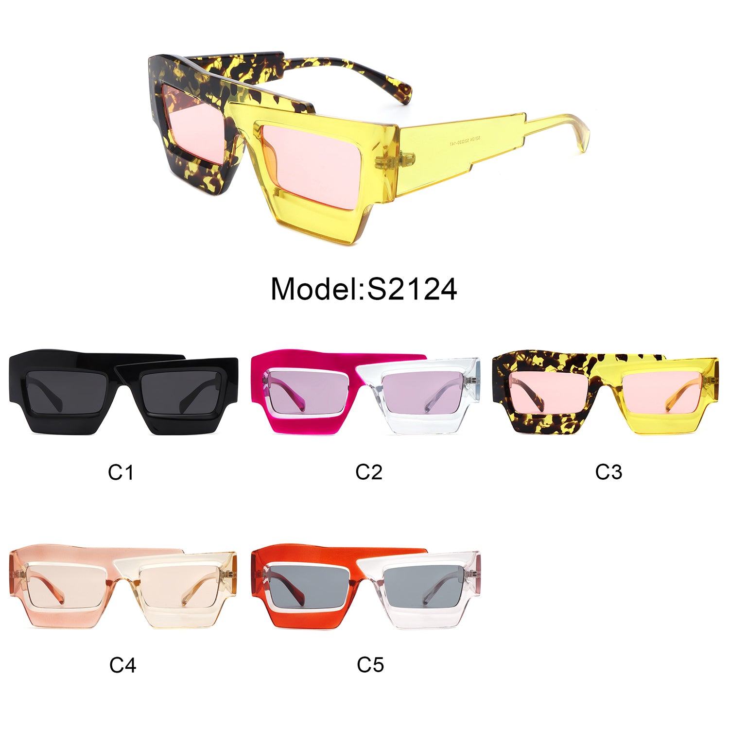 S2124 - Square Futuristic Flat Top Irregular Two-Tone Fashion Wholesale Sunglasses